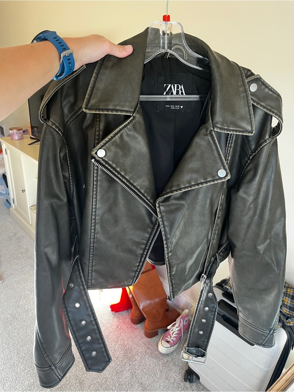 ZARA Black Faux Leather Moto Jacket with Belt
